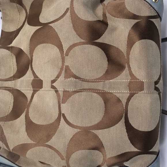 Coach Signature Carly Khaki Brown,Tan SlateBlue Leather Hobo Bag ✅Offers Welcome - Picture 4 of 12